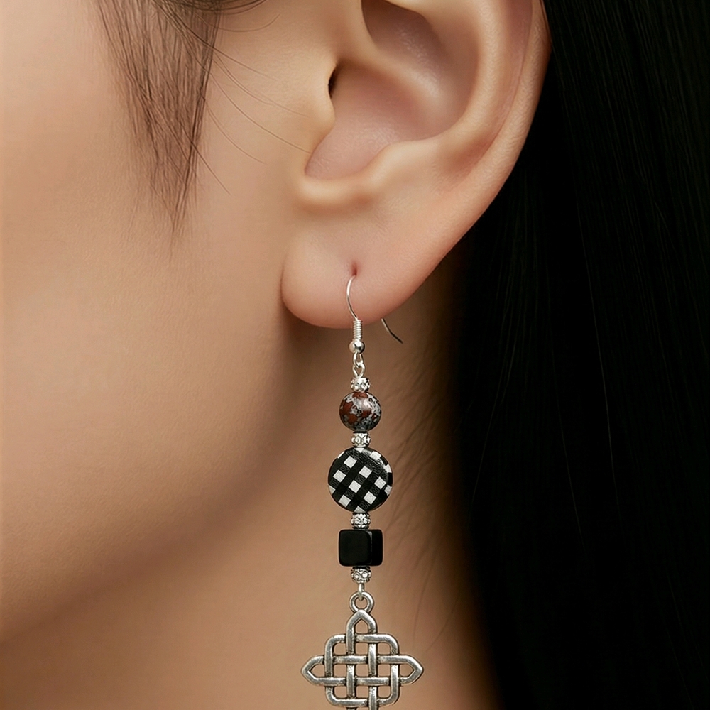 Handmade Black & Silver Celtic Knot Drop Earrings 925 Silver Hypoallergenic